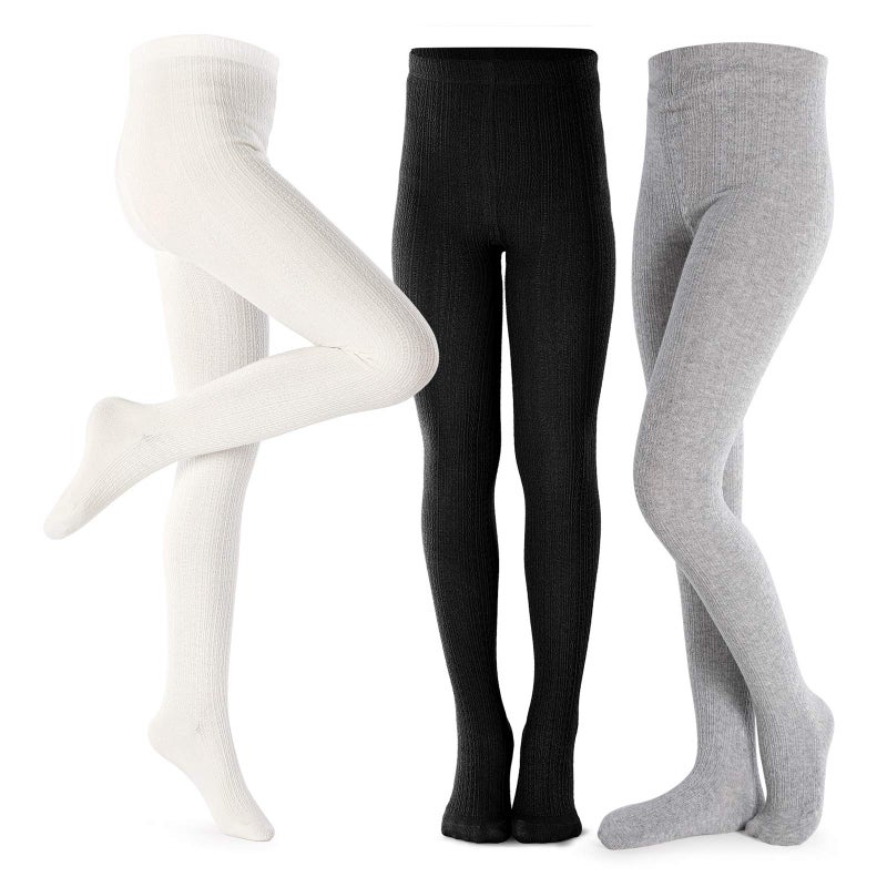 Petrass Girls Tights Toddler Cable Knit Cotton Footed Seamless Dance Ballet Baby Girls' Leggings 3 Pack Black/Ivory/Grey 5-6Y - Image 1